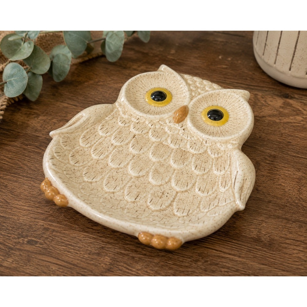 Vintage 1982 Ceramic Owl Figurine Cream Yellow Eyes 7" Retro Boho Decor